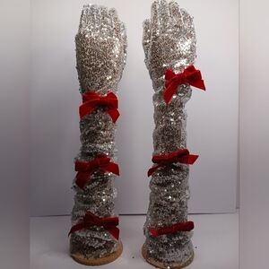 Valentines Day Silver Sequin Opera Gloves with Red Bows
